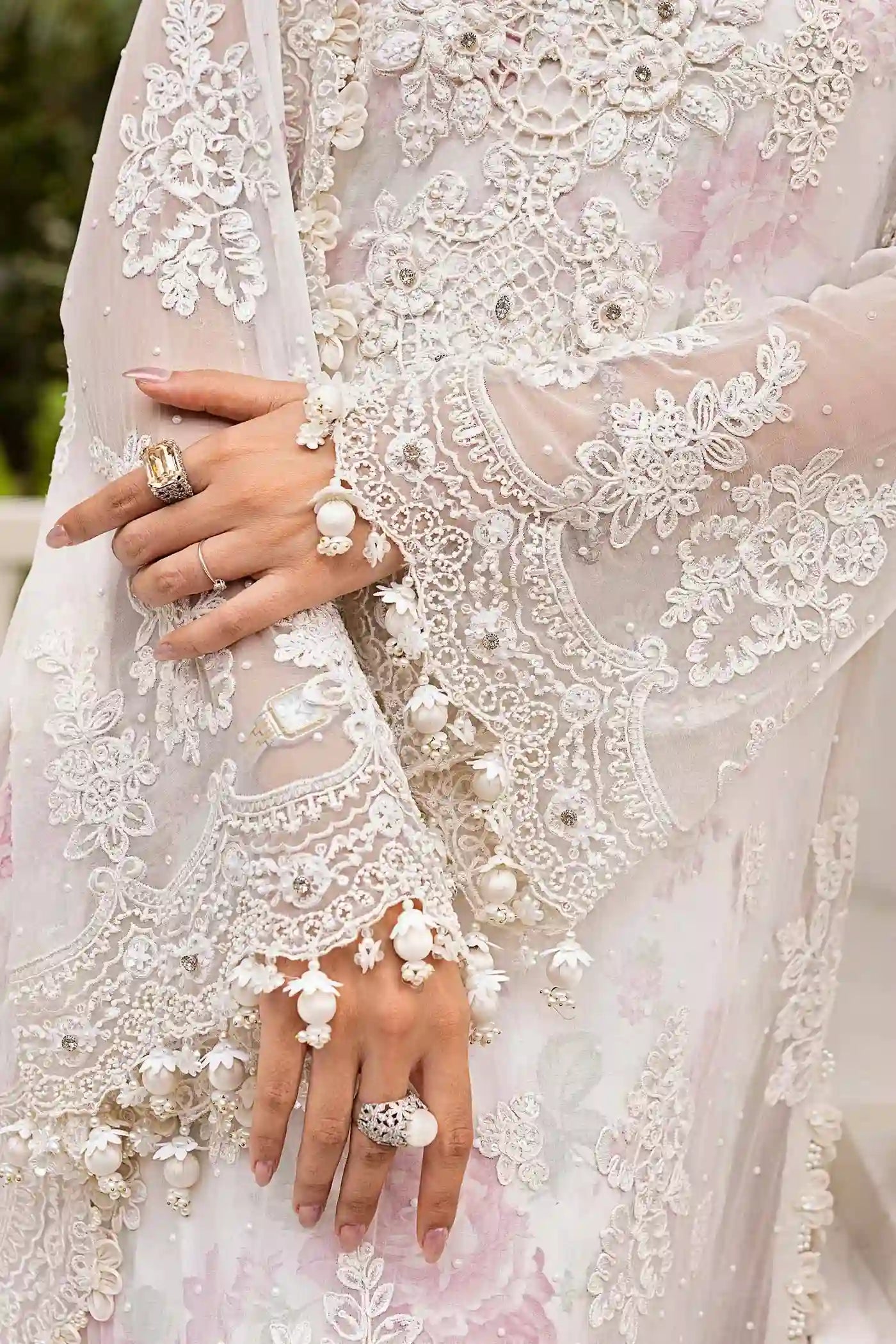 3 Piece Off-White Hand-Embroidered Chiffon & Organza