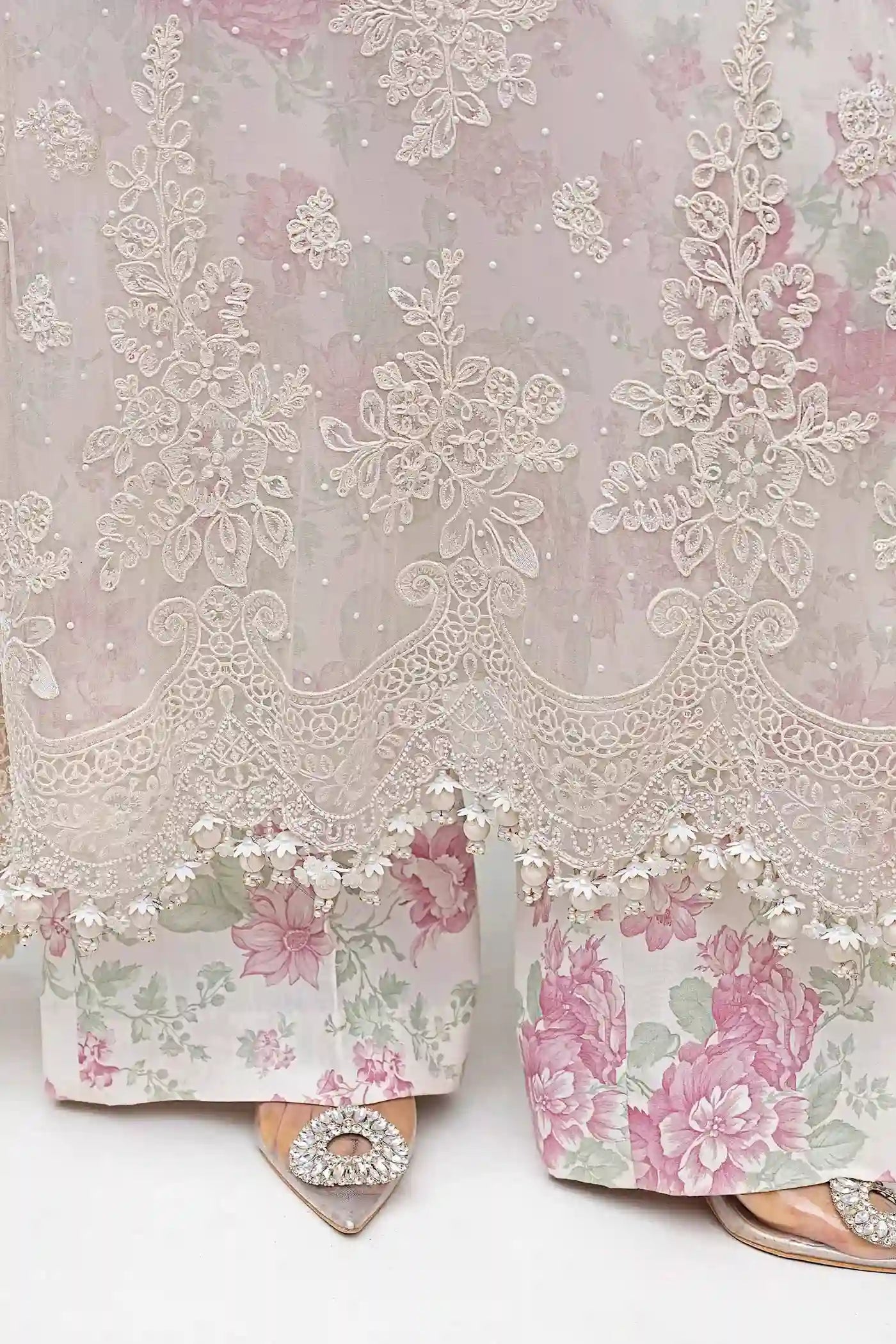 3 Piece Off-White Hand-Embroidered Chiffon & Organza