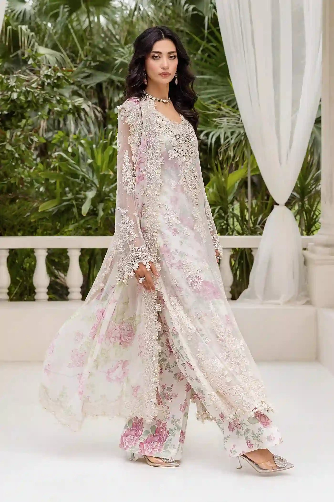 3 Piece Off-White Hand-Embroidered Chiffon & Organza