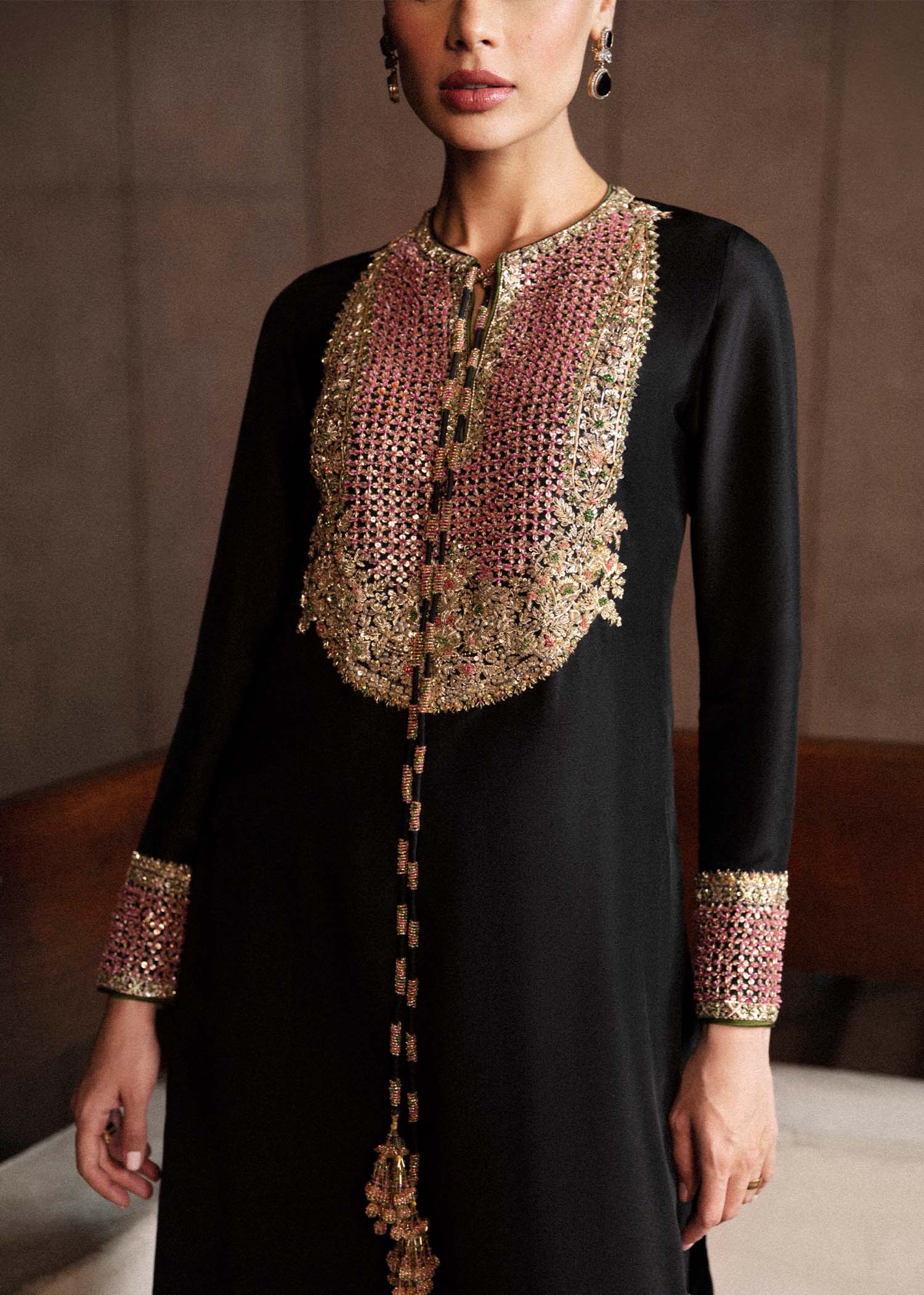 Char - Hussain Rehar - Black Raw Silk Ensemble