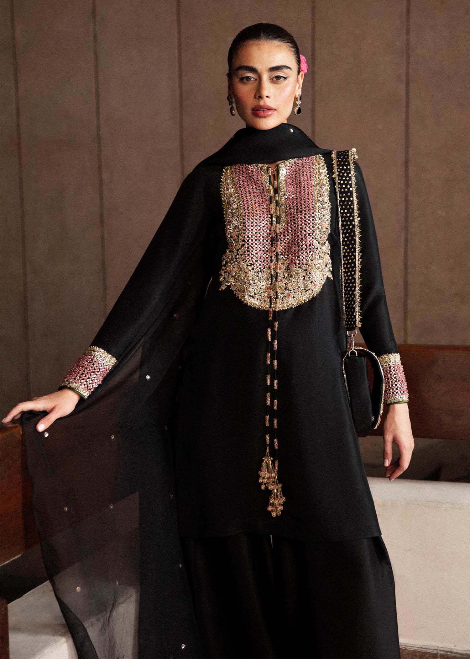 Char - Hussain Rehar - Black Raw Silk Ensemble