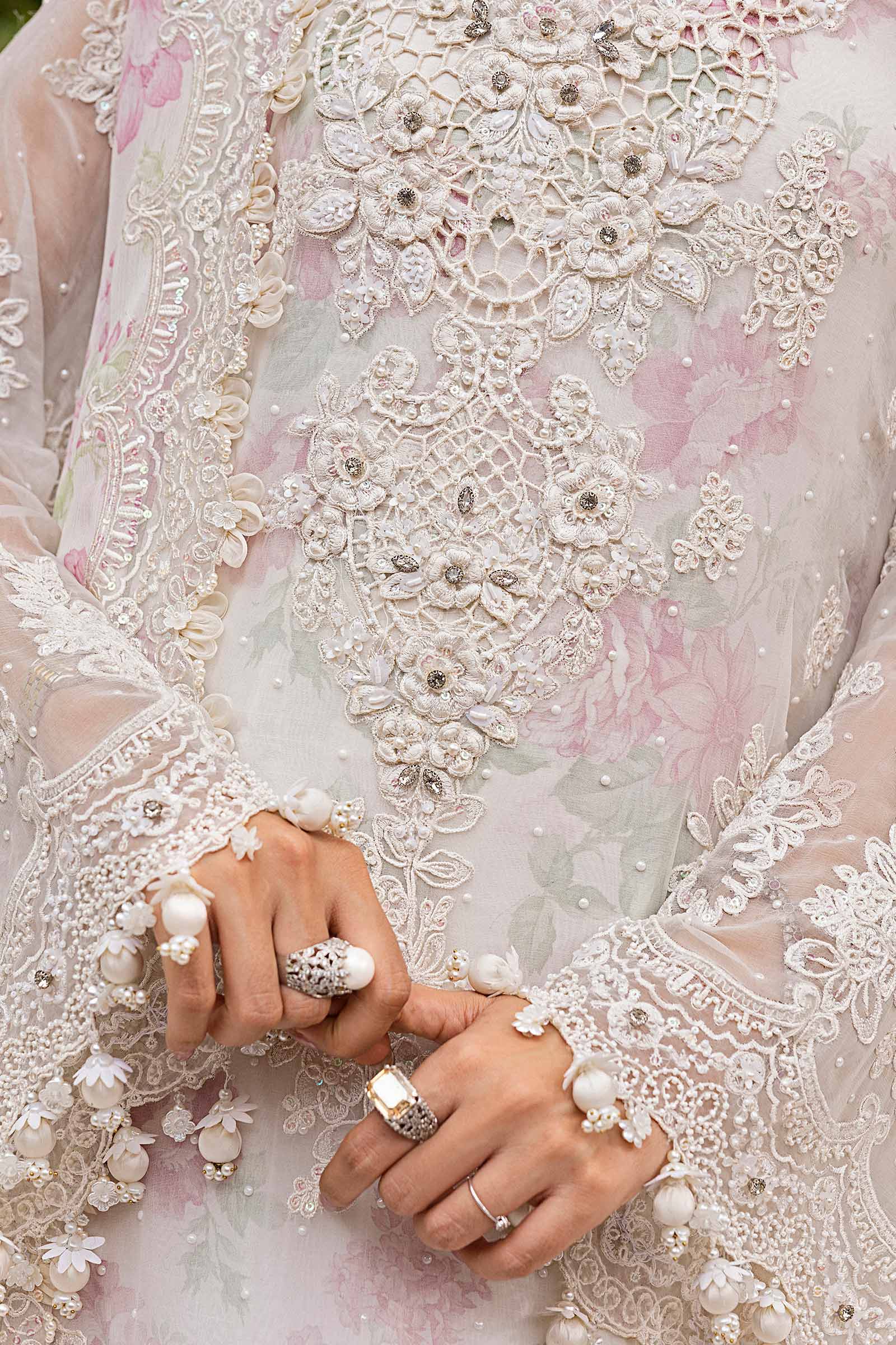 3 Piece Off-White Hand-Embroidered Chiffon & Organza