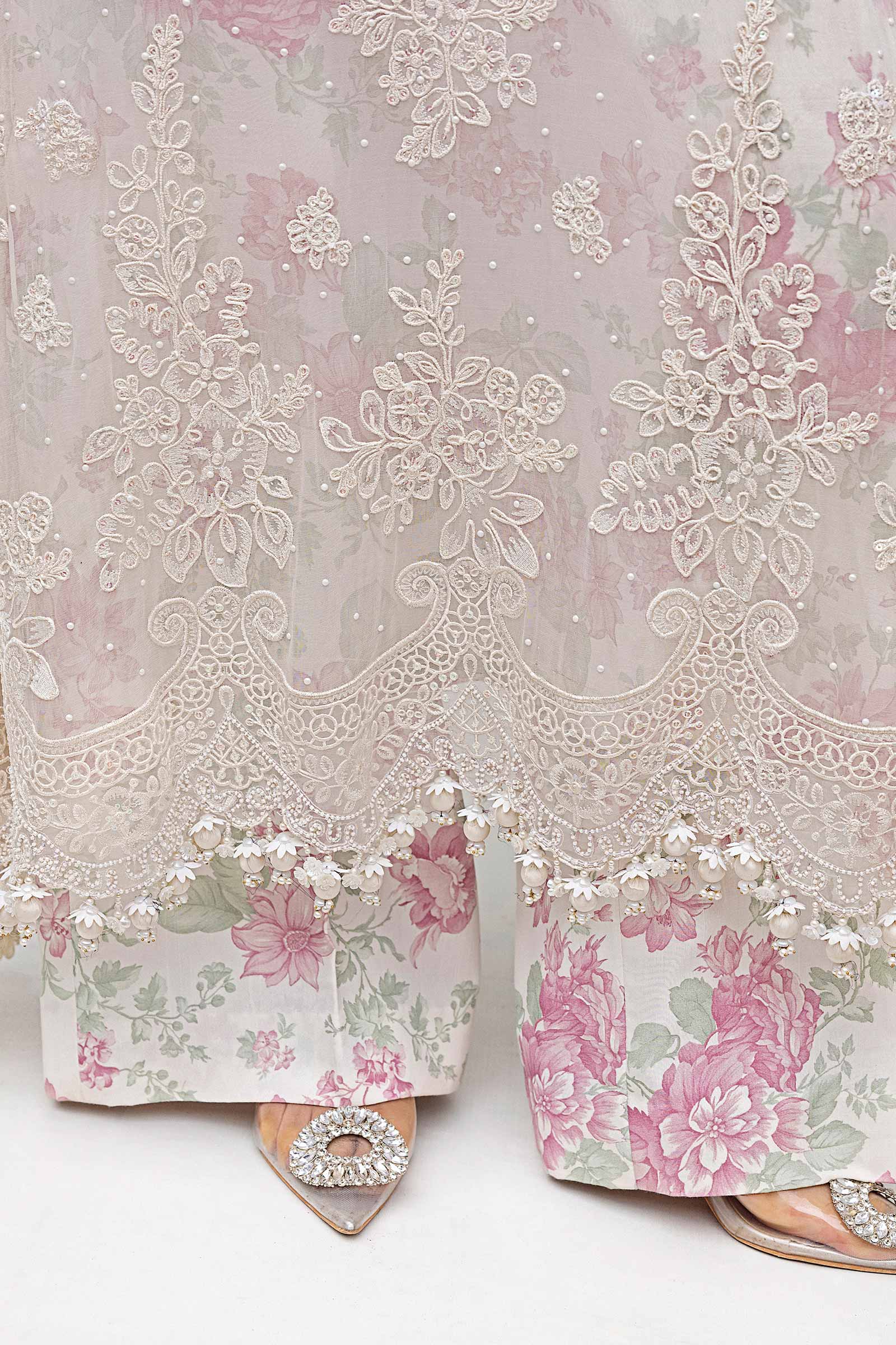 3 Piece Off-White Hand-Embroidered Chiffon & Organza