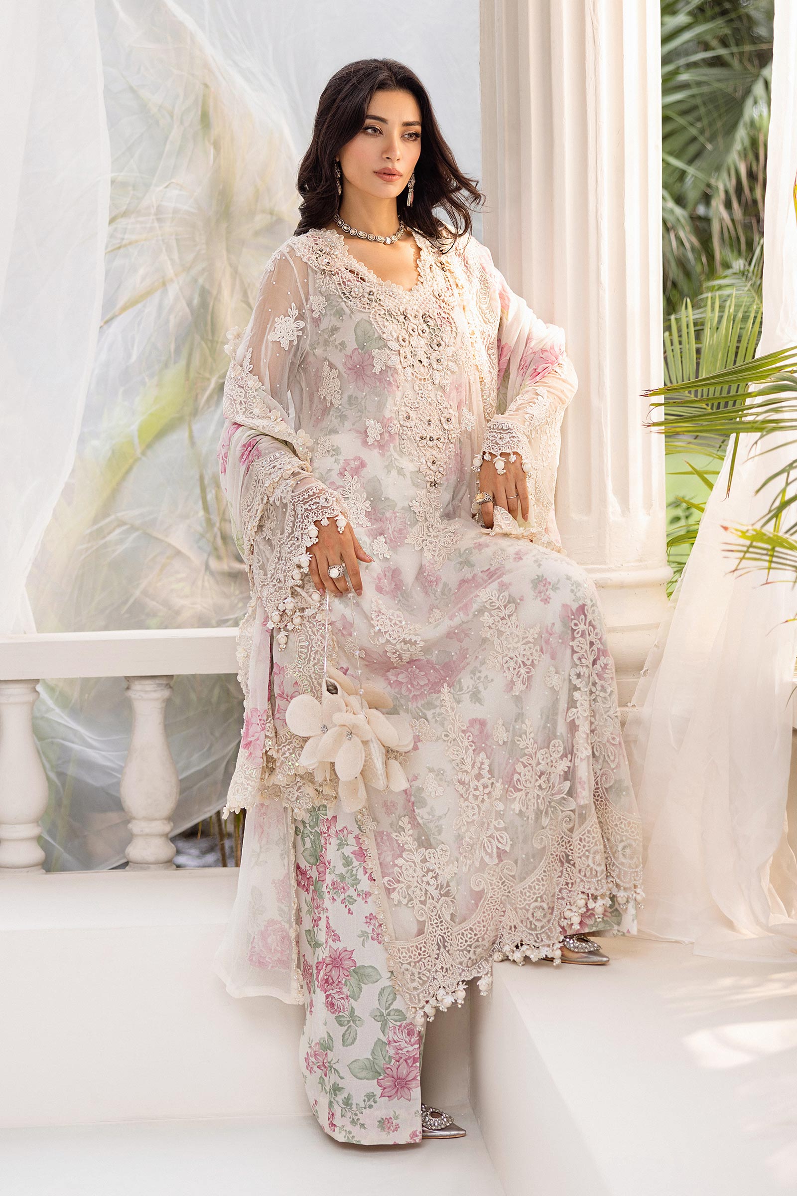 3 Piece Off-White Hand-Embroidered Chiffon & Organza