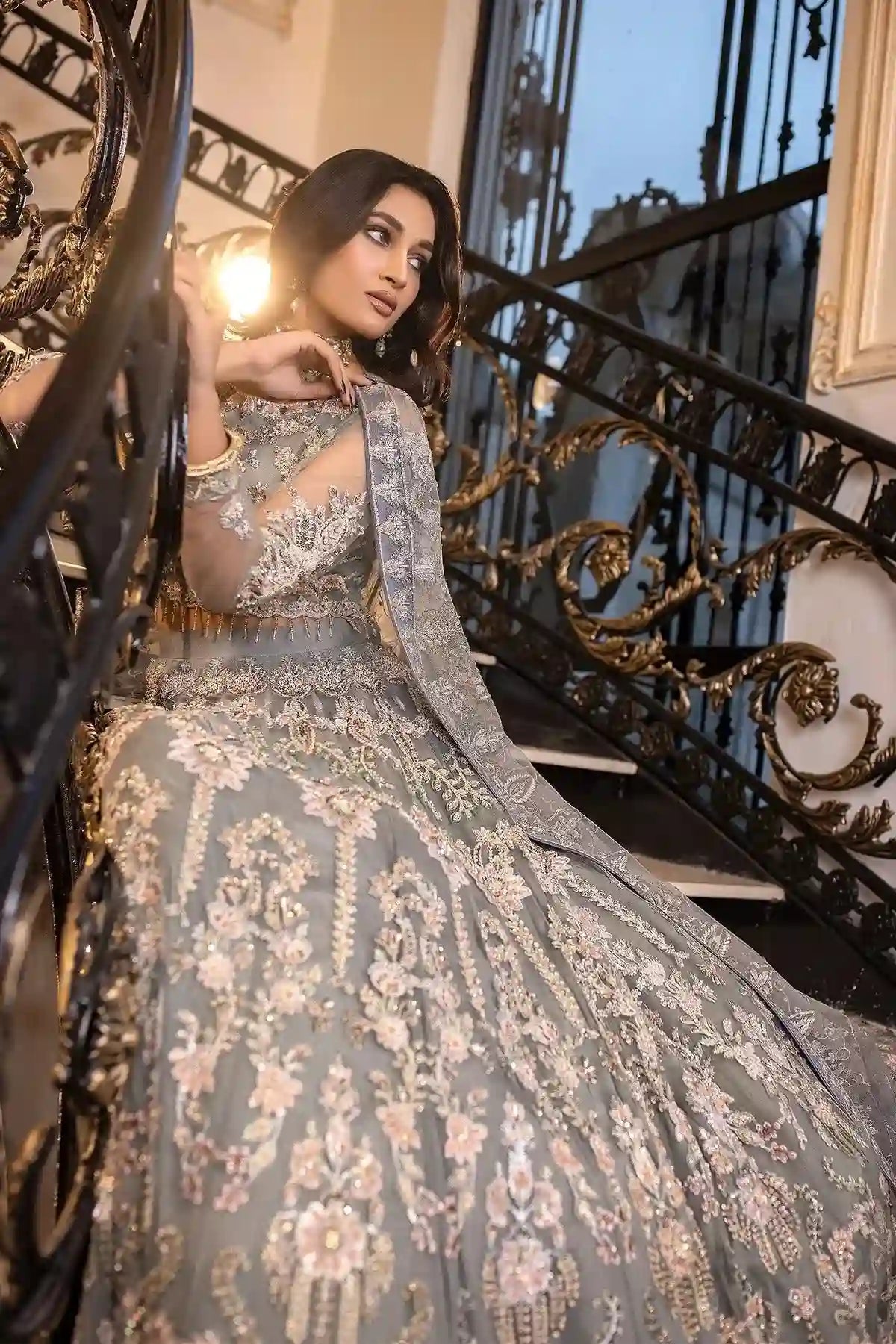 Gray Orchid - Hand Embroidered Net Ensemble