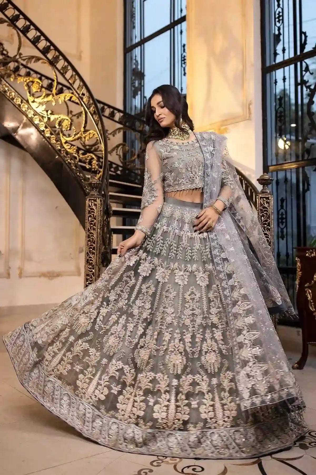 Gray Orchid - Hand Embroidered Net Ensemble