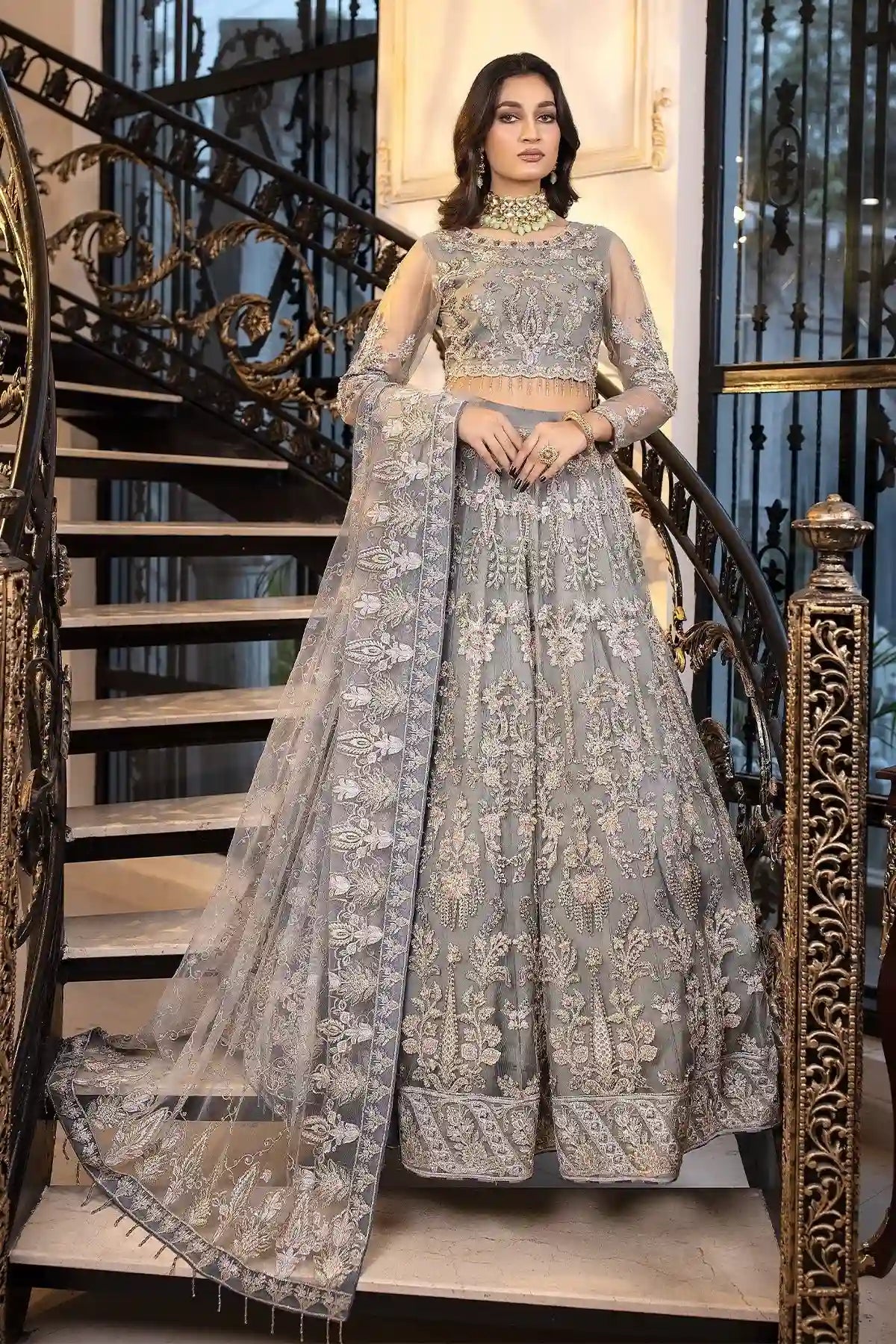 Gray Orchid - Hand Embroidered Net Ensemble