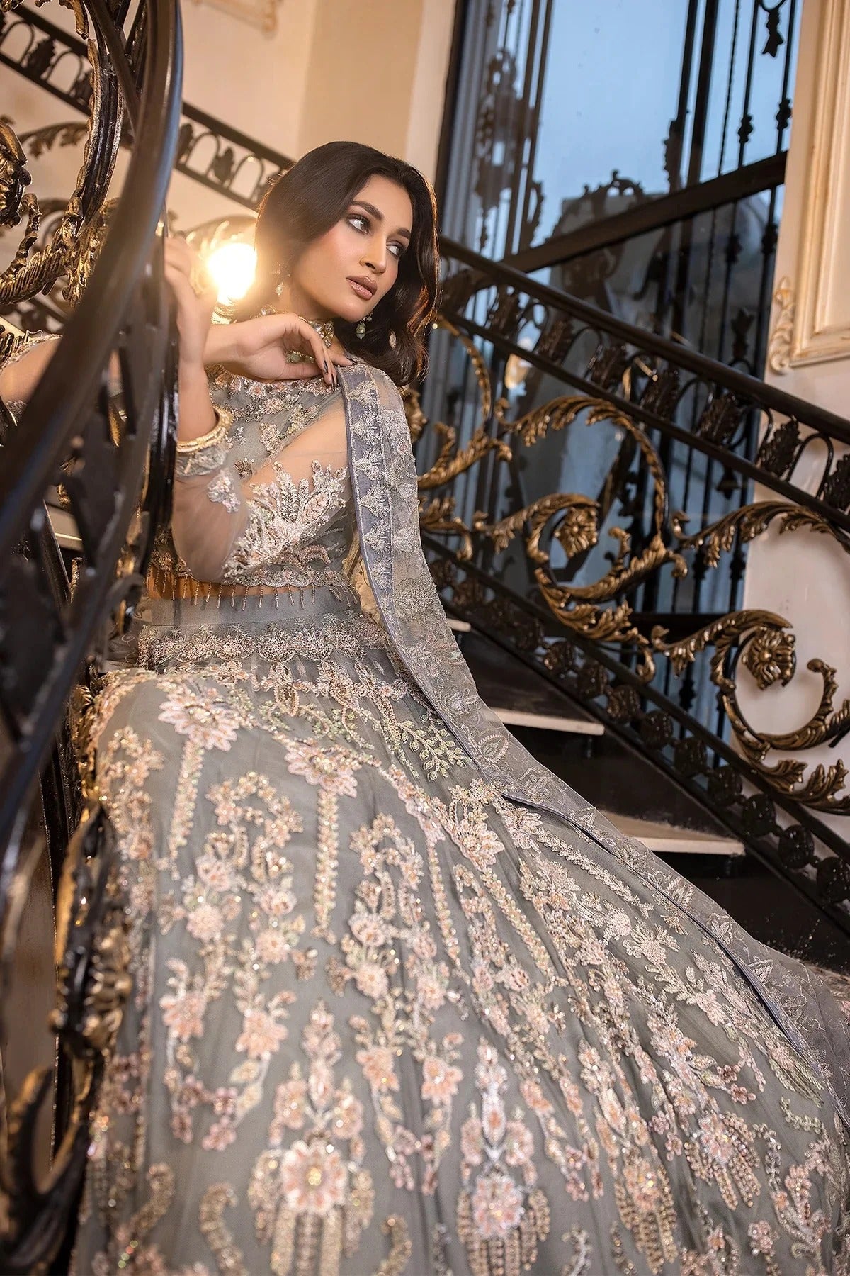 Gray Orchid - Hand Embroidered Net Ensemble