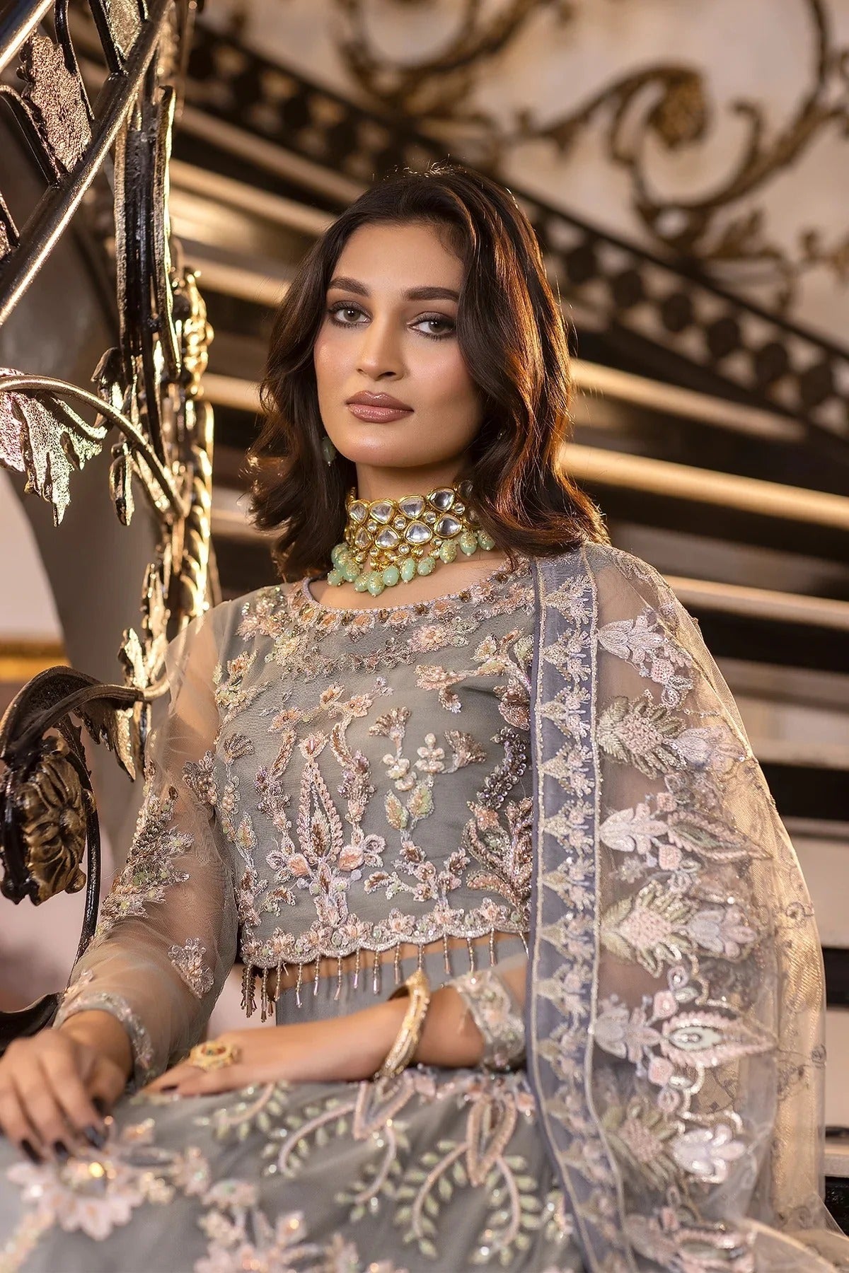 Gray Orchid - Hand Embroidered Net Ensemble