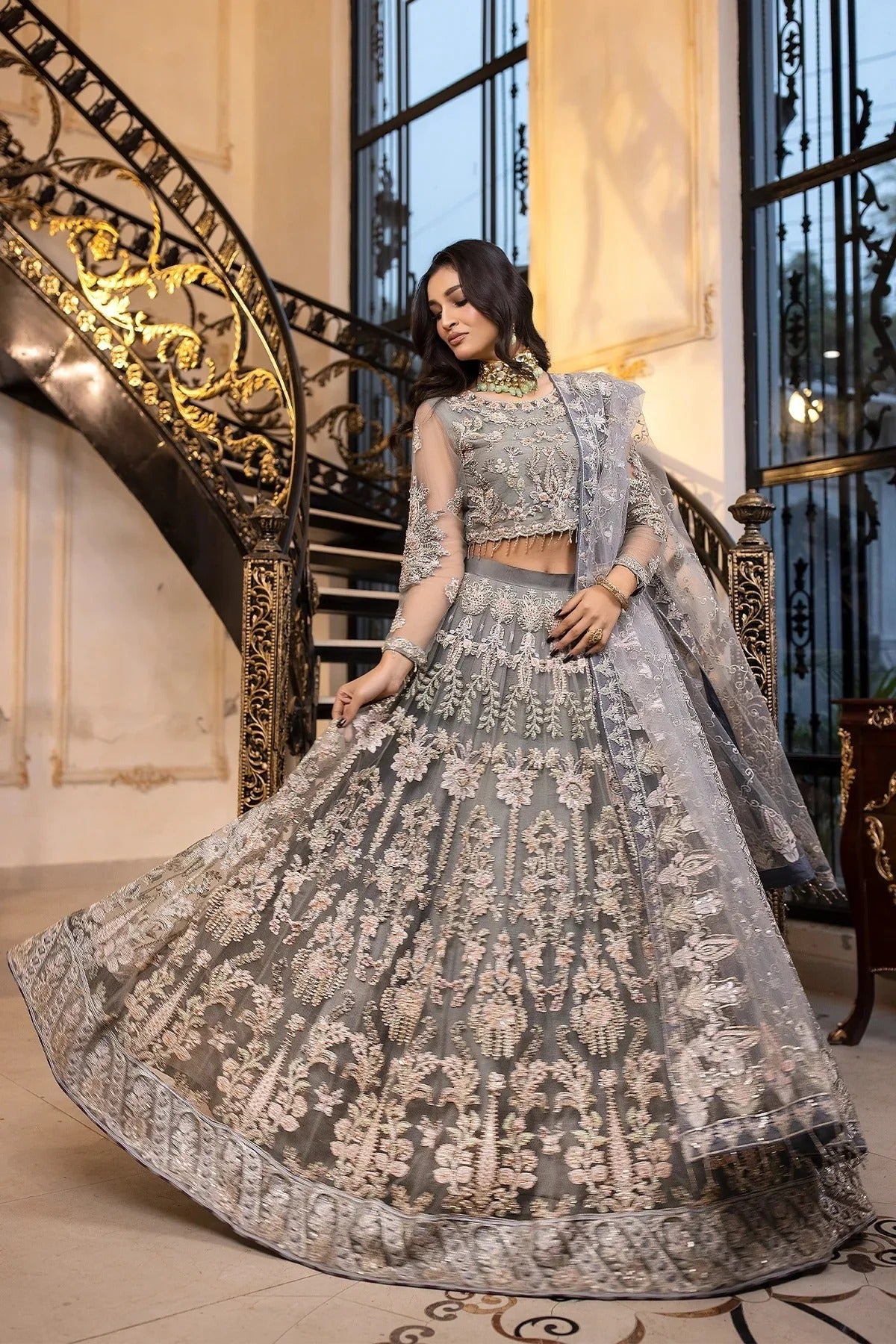 Gray Orchid - Hand Embroidered Net Ensemble