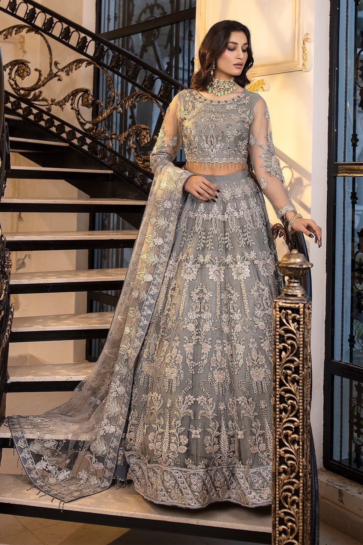 Gray Orchid - Hand Embroidered Net Ensemble