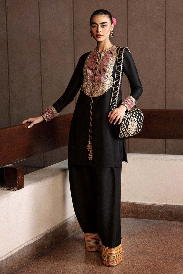 Char - Hussain Rehar - Black Raw Silk Ensemble