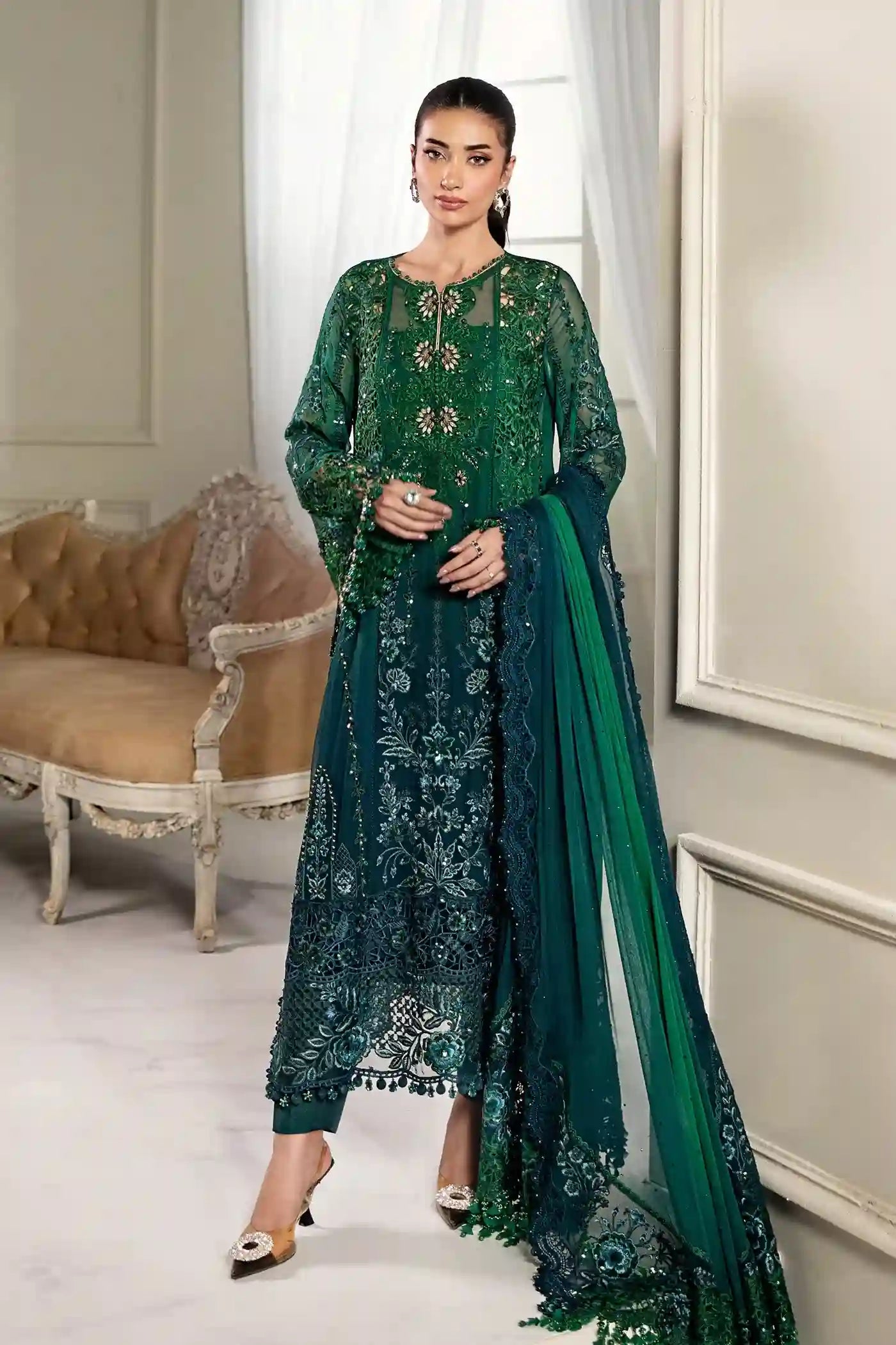 Maria.B - Emerald to Teal Chiffon Set - MPC-25-106 - Full Front View