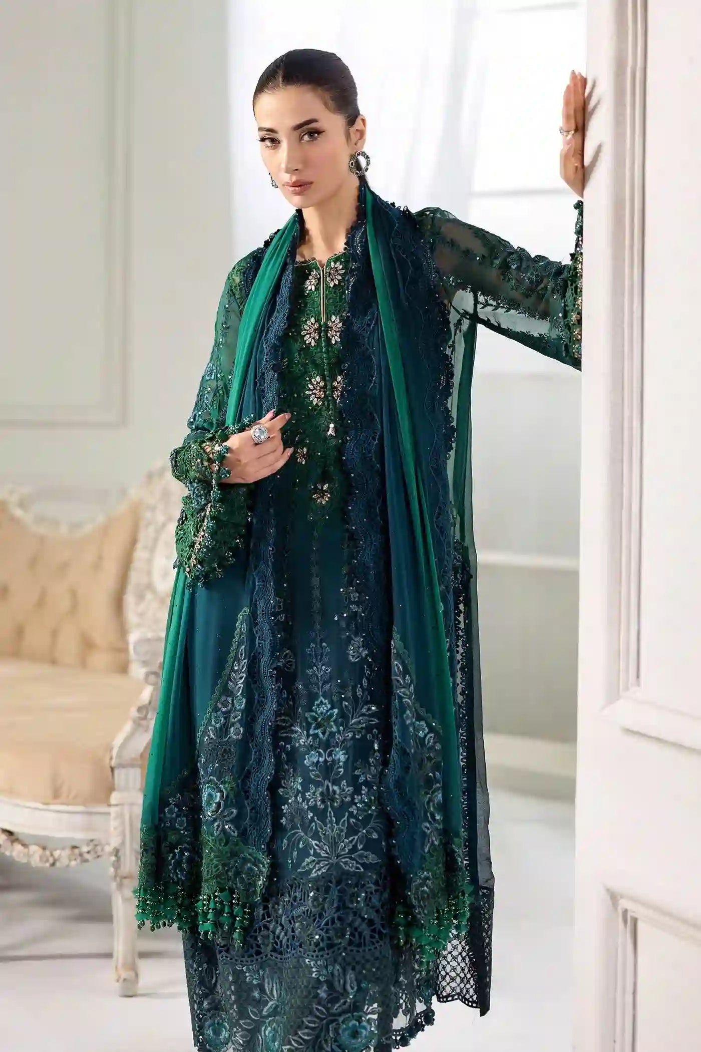 Maria.B - Emerald to Teal Chiffon Set - MPC-25-106 - Front Closeup