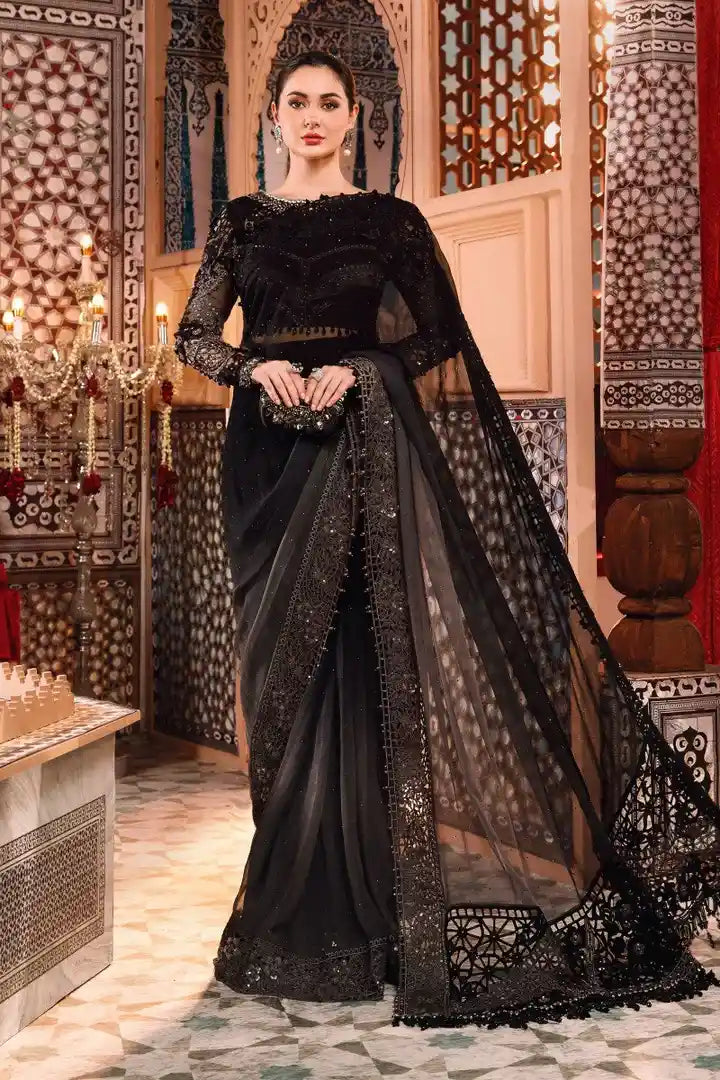 Maria B - Grey and Black Saree - BD-2504 - Full Front View