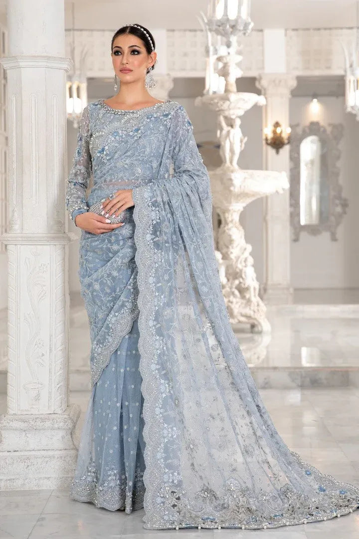 Maria B - Ice Blue Saree - Full Front View