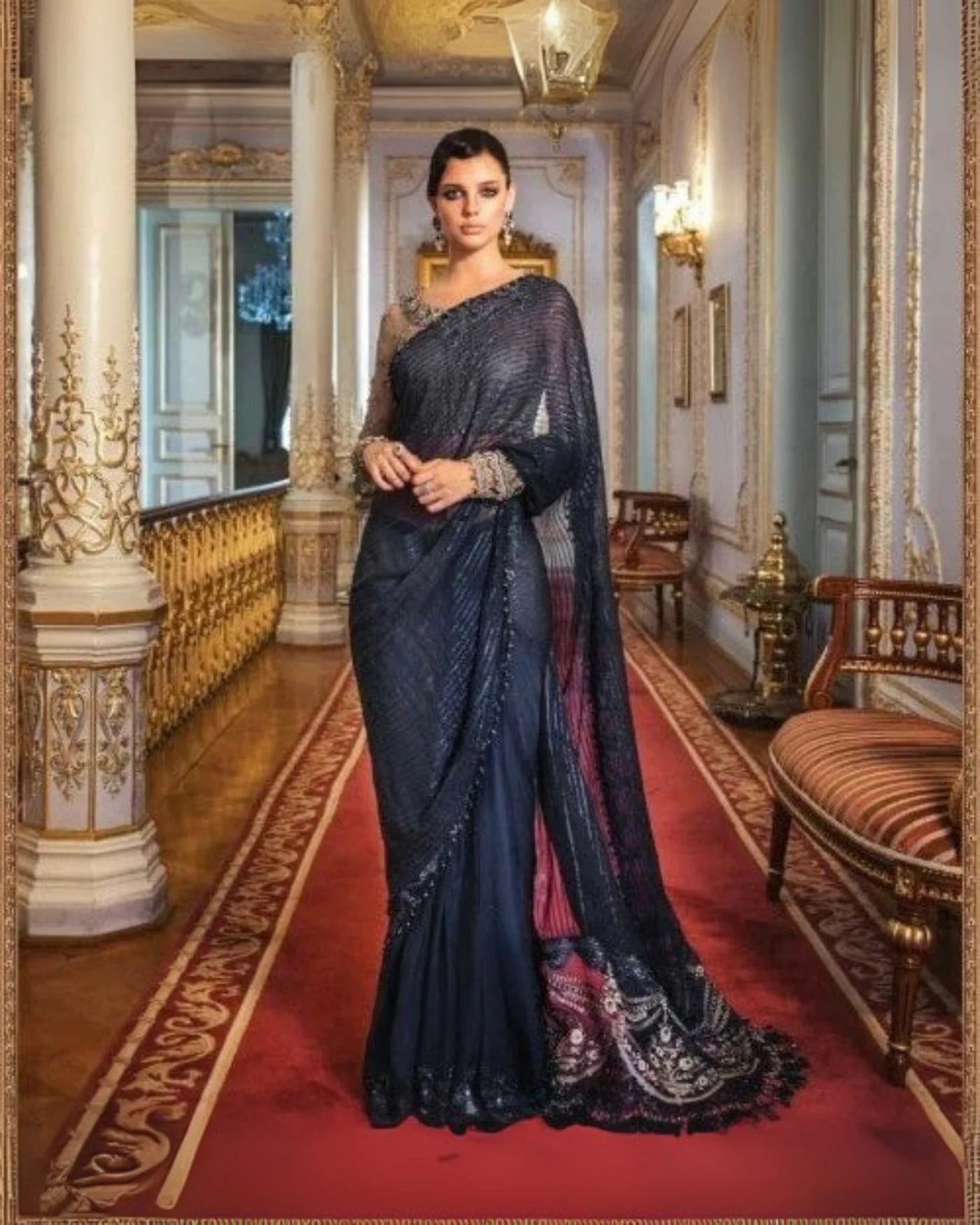 Maria.B Mbroidered Ink saree