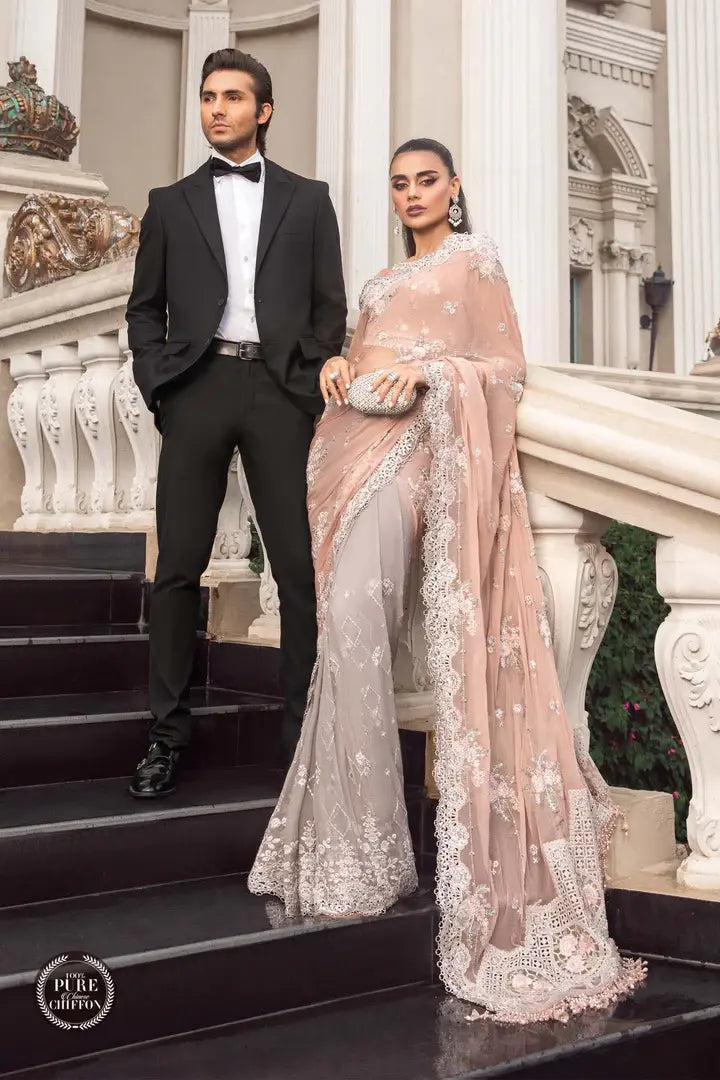 Maria B - MPC-23-105 - Peach and Grey Saree - Full Front