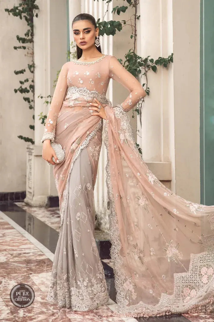 Maria B - MPC-23-105 - Peach and Grey Saree - Full Front