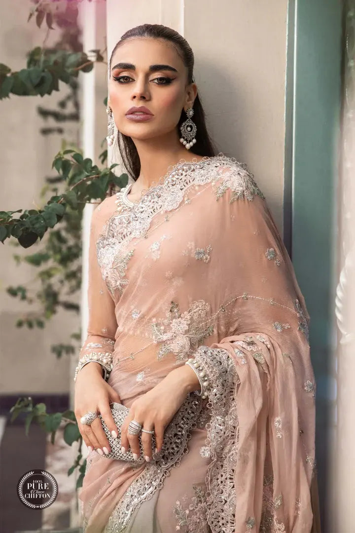 Maria B - MPC-23-105 - Peach and Grey Saree - Closeup View