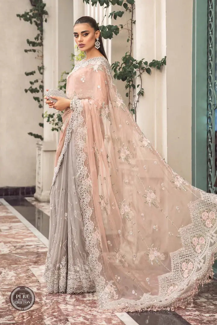 Maria B - MPC-23-105 - Peach and Grey Saree - Side Full View