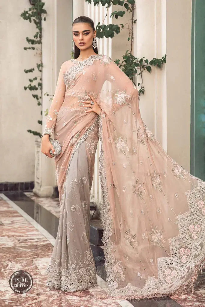 Maria B - MPC-23-105 - Peach and Grey Saree - Full Front