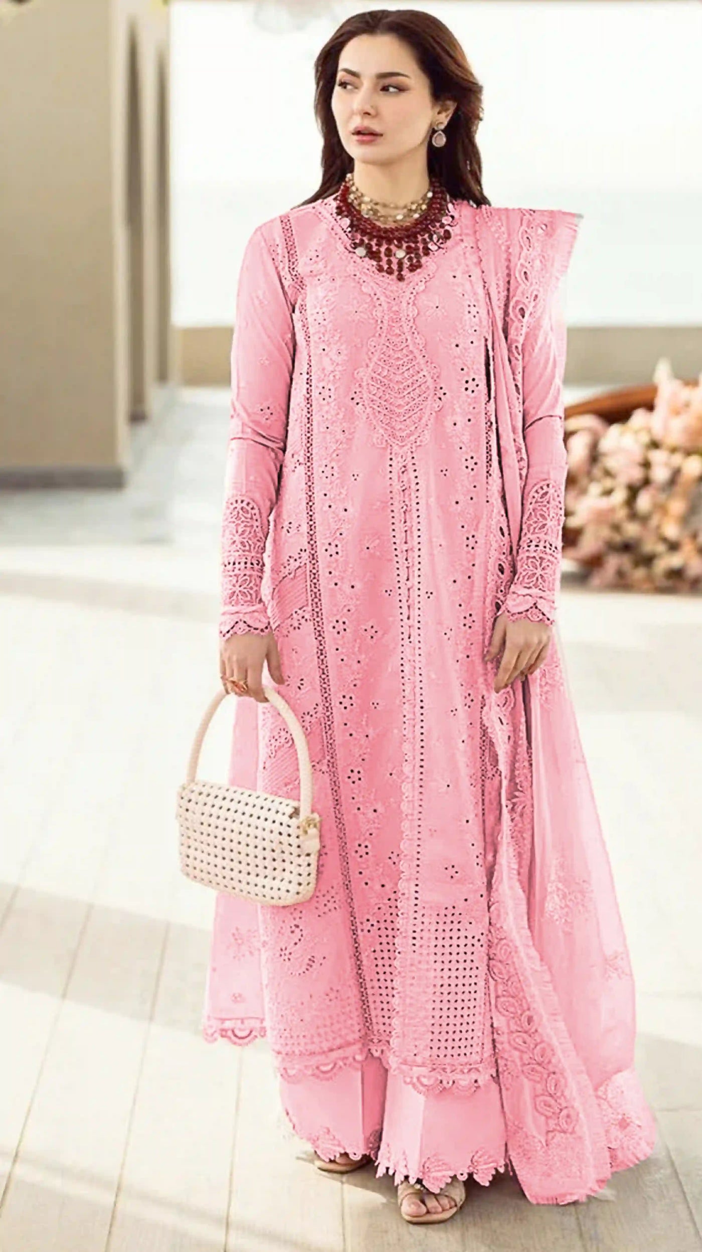 qalamkar pink dress QALAMKAR PINK CHIKANKARI LAWN EMB DRESS 3PC Emarlad Wear